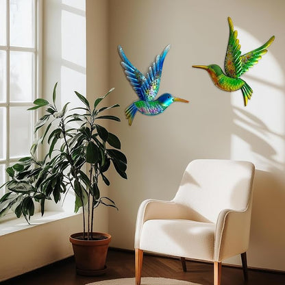 HONGLAND Metal Hummingbird Wall Art 12inch Metal Birds Wall Sculpture Garden Decoration Outdoor Statue Patio Fence Hanging Plaques 2 Pack（Blue-Green）