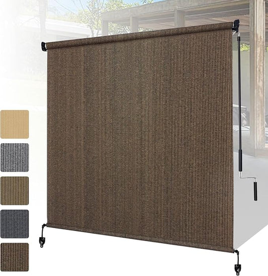 Shade&Beyond Outdoor Roller Shades with Splicing Design, 7' W x 8' H Cordless Patio Roll Up Blinds, Exterior Shade Cloth Roll for Porch, Gazebo, Pergola, Balcony, Mocha