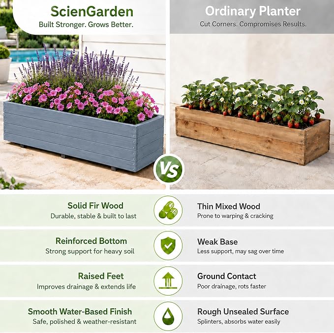 Fir Wood Raised Garden Bed Rectangular Planter for Outdoor Tomato Planter | For Herbs & Flowers Garden Includes Fabric Planter Liner, 4 Drainage Holes