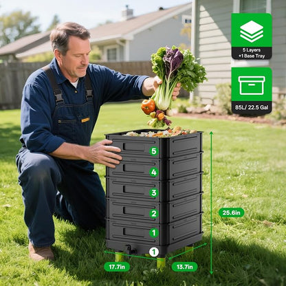 5-Layer Worm Compost Bin, 85L Worm Composter for Indoor & Outdoor, Starter Kits for Vermicomposting Starter, Garden Worm Composting Bin for Recycling Food Waste (Black)