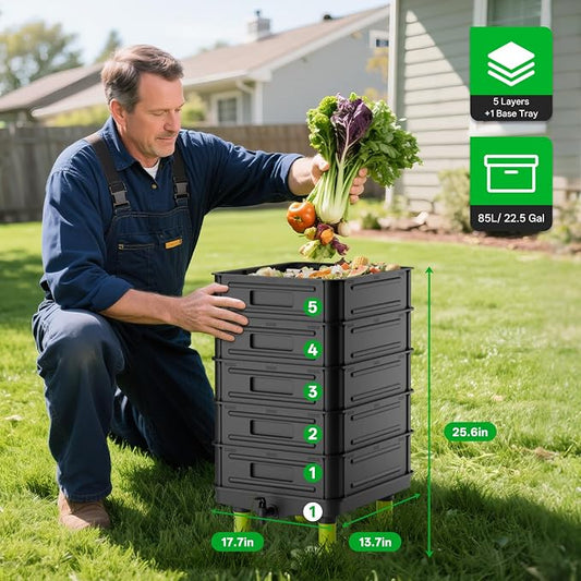 5-Layer Worm Compost Bin, 85L Worm Composter for Indoor & Outdoor, Starter Kits for Vermicomposting Starter, Garden Worm Composting Bin for Recycling Food Waste (Black)