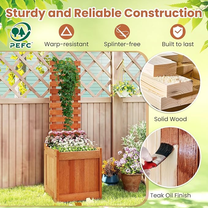 HAPPYGRILL Raised Garden Bed with Trellis, Outdoor Elevated Planter Box w/Trellis, Open-Ended, for Climbing Plant Vine Flower Vegetable, Freestanding Privacy Planters for Patio Yard, 16"x16"x48" (1)