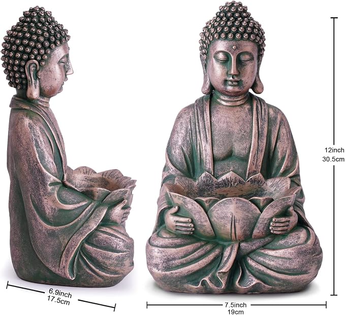 12" Meditating Buddha Statue w/Lotus - Zen Garden Sculpture Decor (Bronze) | for Indoor/Outdoor Decor, Home & Garden Decoration with Magical Glow in Dark Pebbles and Glass Stones - Antique Bronze