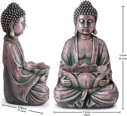 12" Meditating Buddha Statue w/Lotus - Zen Garden Sculpture Decor (Bronze) | for Indoor/Outdoor Decor, Home & Garden Decoration with Magical Glow in Dark Pebbles and Glass Stones - Antique Bronze