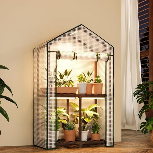Bamworld Small Greenhouse for Indoors with Grow Lights Greenhouses for Seed Starting Small Portable Green Houses Waterproof PVC Cover & Adjustable Shelves
