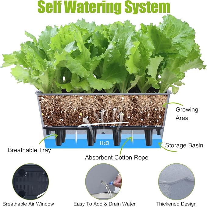 Window Box Planter 6 Pcs, 16.5 Inches Self Watering Rectangle Flower Plant Pots with Drainage Holes Trays, Vegetable Planters for Windowsill Patio Garden Balcony Porch Yard (Grey)