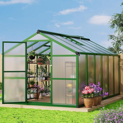 8x12 Ft Outdoor Greenhouses, Greenhouse Kit, Portablee Greenhouses with Ground Nails and Vent Windows, Sliding Lockable Door, Polycarbonate Green Houses for Outside Garden Backyard, Green