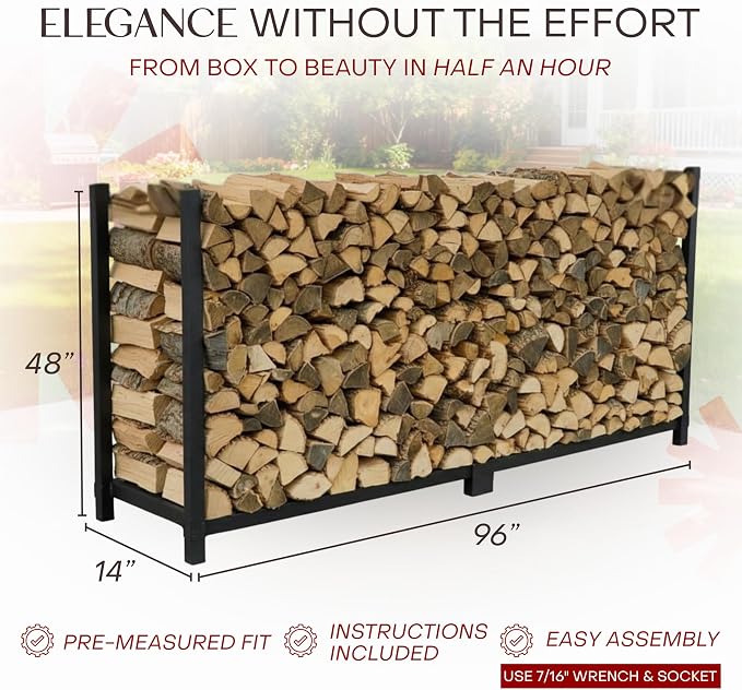 Woodhaven 8-Foot Brown Firewood Rack – Made in USA – 1/2 Cord Raised Lumber Storage Rack – Keeps Wood Dry & Ready – Heavy-Duty Steel, Lifetime Structural Warranty (Without Cover)