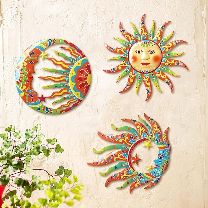 Limygus Vivid Sun Moon Sun Face Metal Wall Sculpture Set of 3, Indoor Outdoor Garden Fence Decor