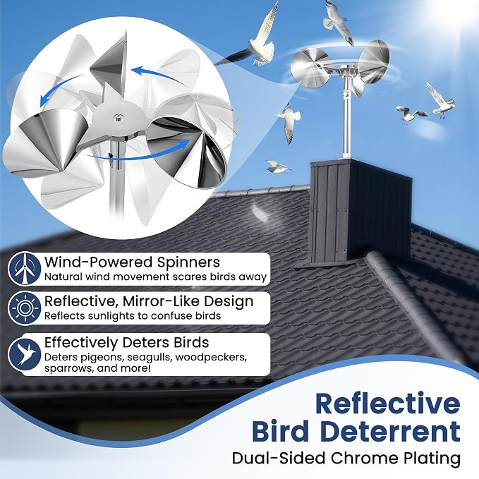 3 Pack Reflective Spinning Bird Deterrent, Wind Powered Aluminum Bird Repeller Scarer Deterrent Devices Outdoor, Repels All Birds Pigeons Sparrows Woodpeckers for Garden Railing Roof Adjustable Neck
