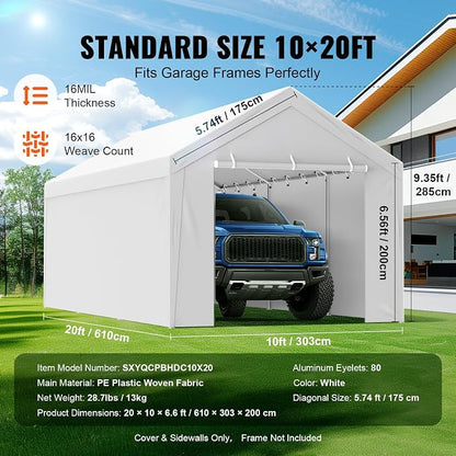 VEVOR Carport Replacement Canopy Top Cover + Sidewall 10 x 20 ft, Garage Tent Shelter Tarp Heavy-Duty Waterproof & UV Protected, Easy Installation with Ball Bungees,White (Frame Not Included)