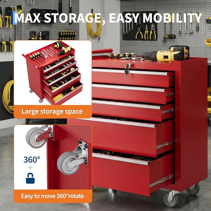Rolling Tool Chest, 5-Drawer Tool Storage Cabinet, Tool Box with Wheels, Lock System and Drawer Liners, Tool Cart for Warehouse, Workshop and Repair Shop, Red