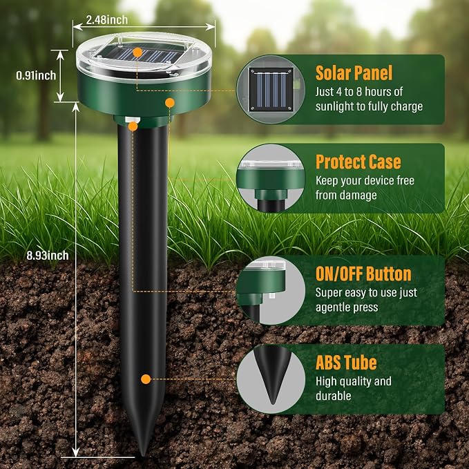 Mole Repellent Solar Powered-10Packs, Snake Repellent Outdoor Ultrasonic Gopher Repellent for Lawn Garden, Waterproof Vole Repellent Get Rid of Moles Groundhog Chipmunk Repellent Round