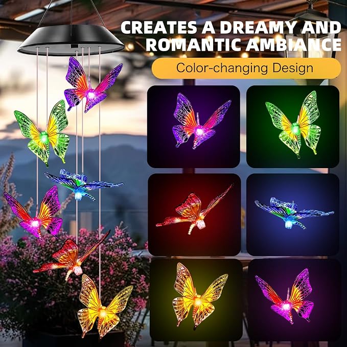 Butterfly Solar Wind Chimes, Butterfly Wind Chimes for Outside, | Color Changing Wind Chimes ,Best Gifts for Mom Grandma Women Wife Aunt Sister, Hanging Wind Chime for Home Garden Yard Decor