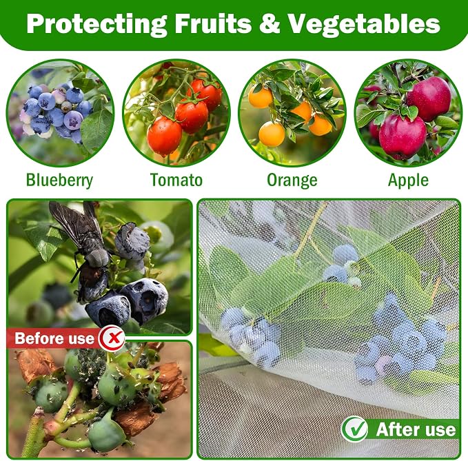 2 PCS Large Fruits Tree Netting Cover for Garden 2.6 x 3.3 ft Garden Insect Bird Barrier Plant Netting for Tomato Blueberry Bush Netting Covers Deer Cicada Netting Cover Bag with Drawstring