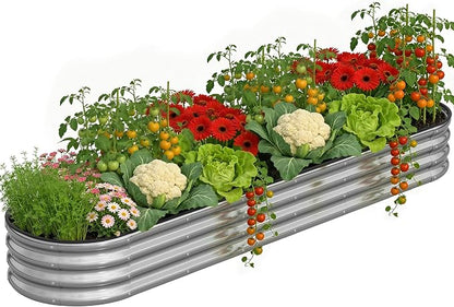 Planters for Outdoor Plants, 8×2×1ft for Outdoor Garden Box with Easy Assembly,Oval Large Galvanized Gardening Raised Bed for Vegetables, Fruits, Flower Silver