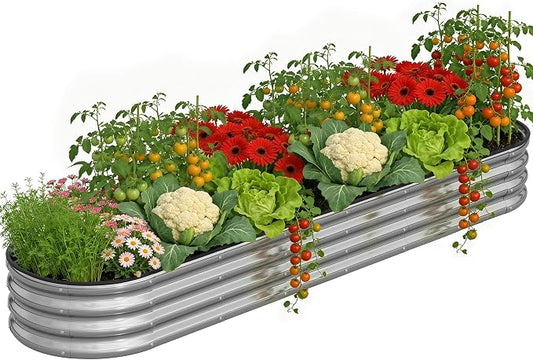 Planters for Outdoor Plants, 8×2×1ft for Outdoor Garden Box with Easy Assembly,Oval Large Galvanized Gardening Raised Bed for Vegetables, Fruits, Flower Silver