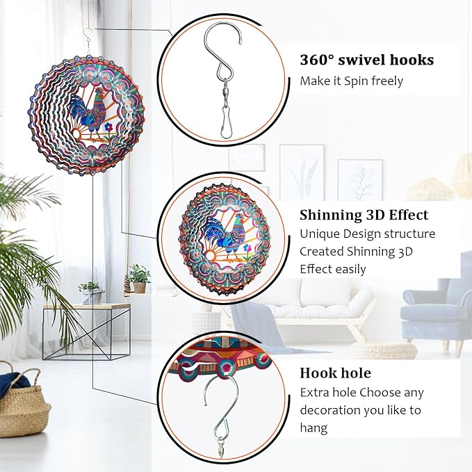 Rooster Kinetic Wind Spinner - 12-Inch 3D Holographic Metal Hanging Sculptures, Rustproof Outdoor Decor Garden Patio Decoration, Unique Gift for Chicken Lovers Mom Dad Men Women
