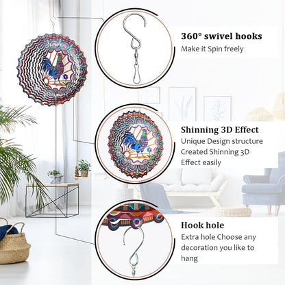 Rooster Kinetic Wind Spinner - 12-Inch 3D Holographic Metal Hanging Sculptures, Rustproof Outdoor Decor Garden Patio Decoration, Unique Gift for Chicken Lovers Mom Dad Men Women