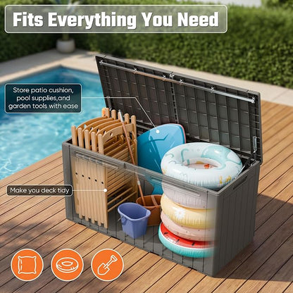 Greesum 110 Gallon Outdoor Storage Box with Lockable Lid, All-Weather Solution for Patio Furniture, Pool Supplies & Garden Tools, Waterproof, UV-Resistant Large Deck Box, Light Coffee