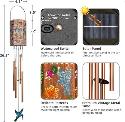 Hummingbird Solar Wind Chimes for Outside, Outdoor Solar Garden Decor Hanging Lantern for Balcony Porch Patio Backyard