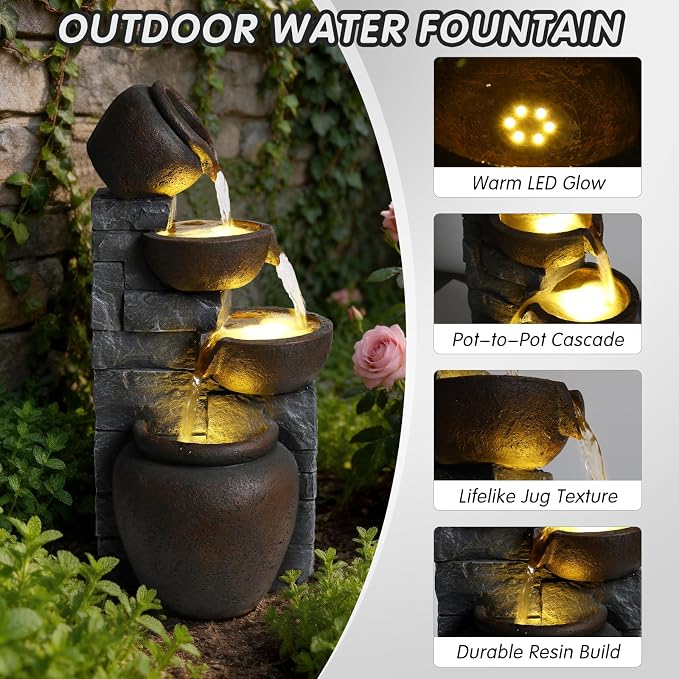 25.6" Outdoor Waterfall Fountain, Small Outdoor Fountain with LEDLights, Cracked Pot Tiered Design Garden Water Feature, Freestanding Resin Fountain for Patio Porch Backyard, Grayish Brown