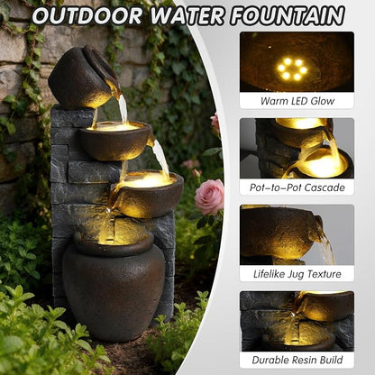25.6" Outdoor Waterfall Fountain, Small Outdoor Fountain with LEDLights, Cracked Pot Tiered Design Garden Water Feature, Freestanding Resin Fountain for Patio Porch Backyard, Grayish Brown
