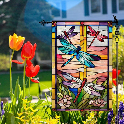 Spring Summer Dragonfly Garden Flag Stained Glass Style Flowers Garden Flag Vertical Double Sided Rustic Farmland Burlap Yard Lawn Outdoor Decor 12.5x18"