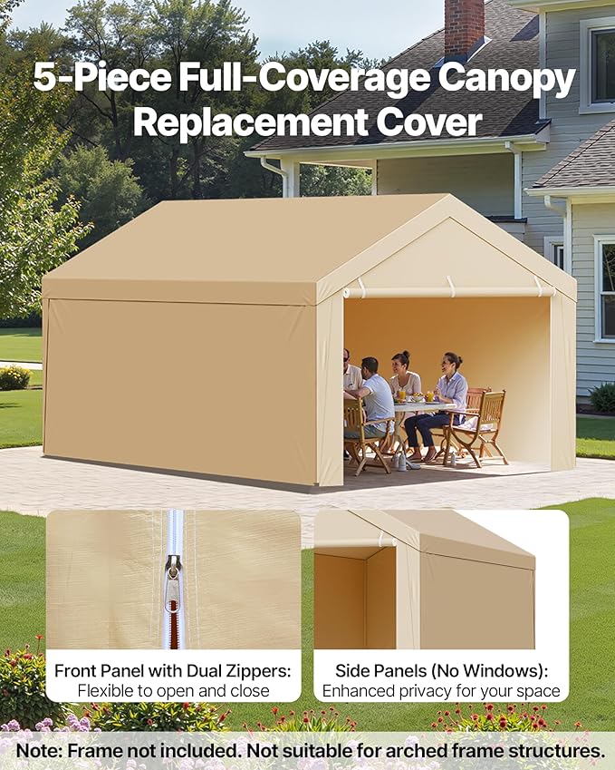 VEVOR Carport Replacement Canopy Cover, 10 x 20 ft Potable Garage Tent Top Tarp with Sidewalls, UV-Resistant & Waterproof, Heavy Duty Car Shelter Tarp with Ball Buggees, Beige, Frame Not Included