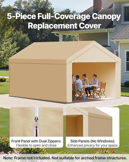 VEVOR Carport Replacement Canopy Cover, 10 x 20 ft Potable Garage Tent Top Tarp with Sidewalls, UV-Resistant & Waterproof, Heavy Duty Car Shelter Tarp with Ball Buggees, Beige, Frame Not Included