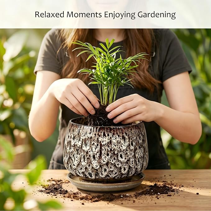 7.5 Inch Ceramic Planter with Saucer,Modern Garden Pots with Drainage Hole Mesh Net, for Indoor Outdoor Use(Speckle White)