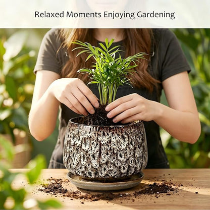 7.5 Inch Ceramic Planter with Saucer,Modern Garden Pots with Drainage Hole Mesh Net, for Indoor Outdoor Use(Speckle White)