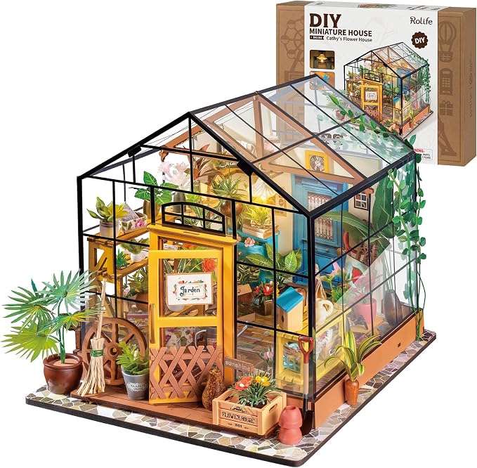 Rolife DIY Miniature House Kit, Cathy's Greenhouse Miniature Dollhouse with LED 1:18 Tiny/Mini House Making Kit Crafts Diorama Gifts Home Decor for Adults