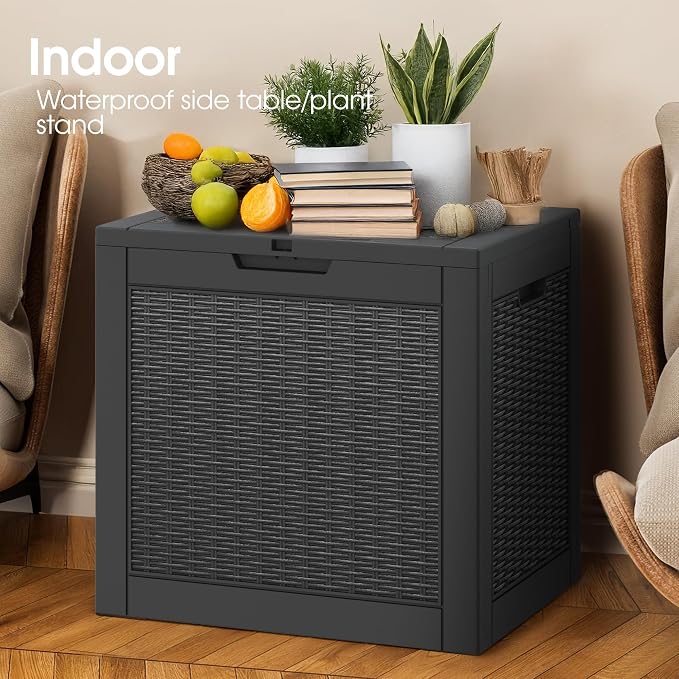 Outdoor Storage Box, 35 Gallon Resin Deck Boxes Outdoor Waterproof For Patio Furniture, Garden Tools, Pool Supplies, Lockable And UV Resistant (Rattan Black)