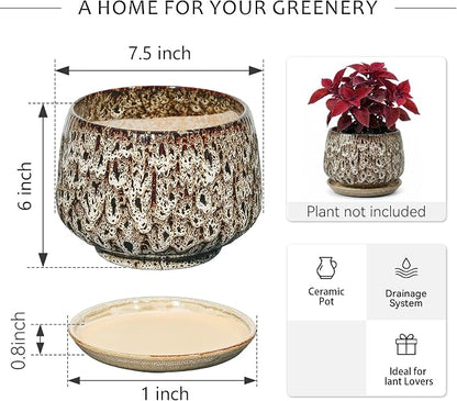 7.5 Inch Ceramic Planter with Saucer,Modern Garden Pots with Drainage Hole Mesh Net, for Indoor Outdoor Use(Speckle White)