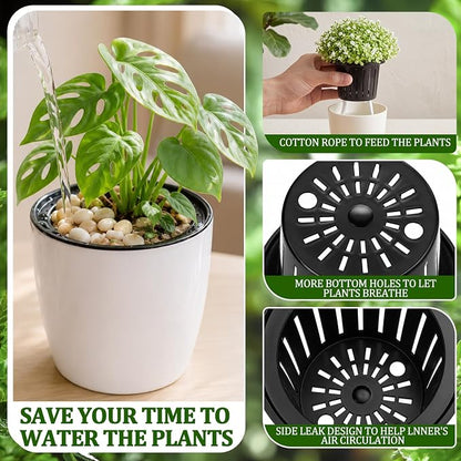 36 Pcs Self Watering Pots, 3.5 Inch Plastic Flower Plant Pot with Inner Pot Self Watering Wick Planter White Flower Pots for Indoor House Plants Herbs, Flowers, Succulents (White Black)