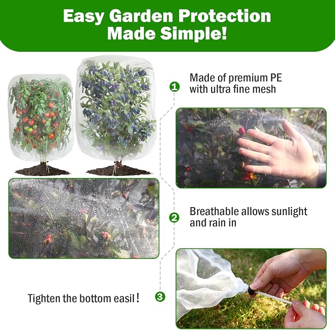 2 PCS Large Fruits Tree Netting Cover for Garden 2.6 x 3.3 ft Garden Insect Bird Barrier Plant Netting for Tomato Blueberry Bush Netting Covers Deer Cicada Netting Cover Bag with Drawstring
