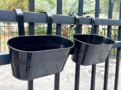 12" Balcony Railing Planters, Outdoor Hanging Planter for Fence, Stylish Metal Porch Deck Flower Pot for Herbs & Succulents (Black, Pack of 8)