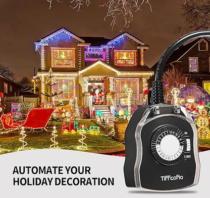 TiFFCOFiO Outdoor Timer Outlet for Lights, 24 Hour Mechanical, Outdoor Light Timer Waterproof, 2 Grounded Outlets for Home and Garden, 15A 1/2HP, Heavy Duty, CSA Listed (4 Pack)