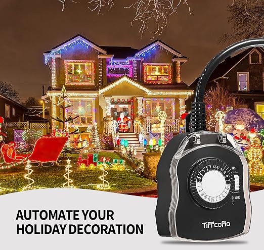 TiFFCOFiO Outdoor Timer Outlet, 24 Hour Mechanical Outdoor Timer for Pool Pump, Outdoor Light Timer Waterproof, 2 Grounded Outlets for Home and Garden, 15A 1/2HP, Heavy Duty, CSA Listed (1 Pack)