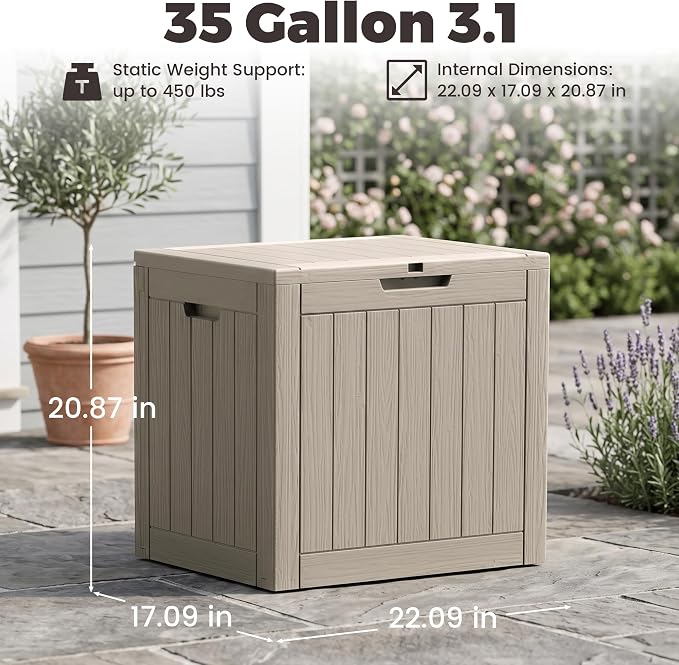 Outdoor Storage Box, 35 Gallon Waterproof Deck Box [Upgraded 3.1], Tool-Free Resin Storage for Patio Cushions, Balcony Pool Toys, Lockable Outside Side Table Ottoman, Balcony, Grey