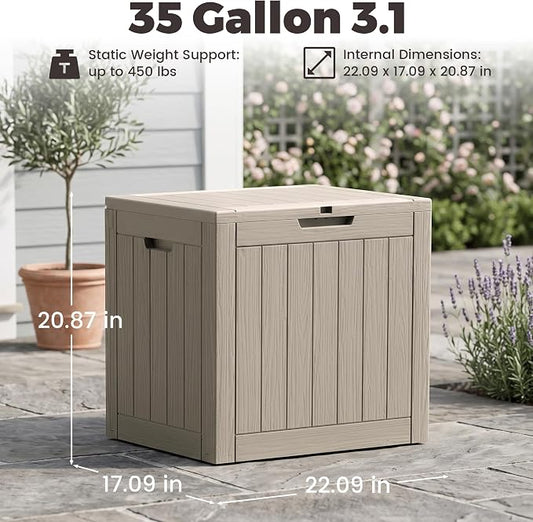 Outdoor Storage Box, 35 Gallon Waterproof Deck Box [Upgraded 3.1], Tool-Free Resin Storage for Patio Cushions, Balcony Pool Toys, Lockable Outside Side Table Ottoman, Balcony, Grey