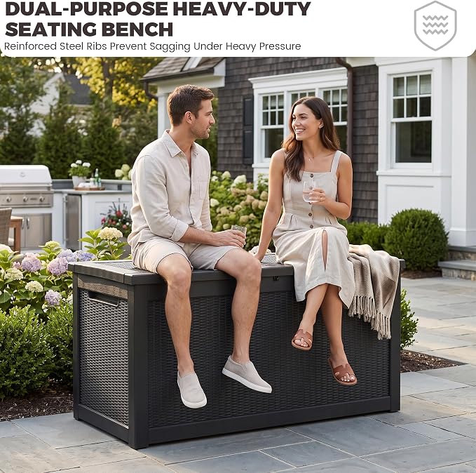 Outdoor Storage Box, 320 Gallon Waterproof Deck Box [Upgraded 3.1], Giant Resin Storage for King Cushions, Lockable Bench Chest, Estate Yard Garden BBQ Gathering, Black