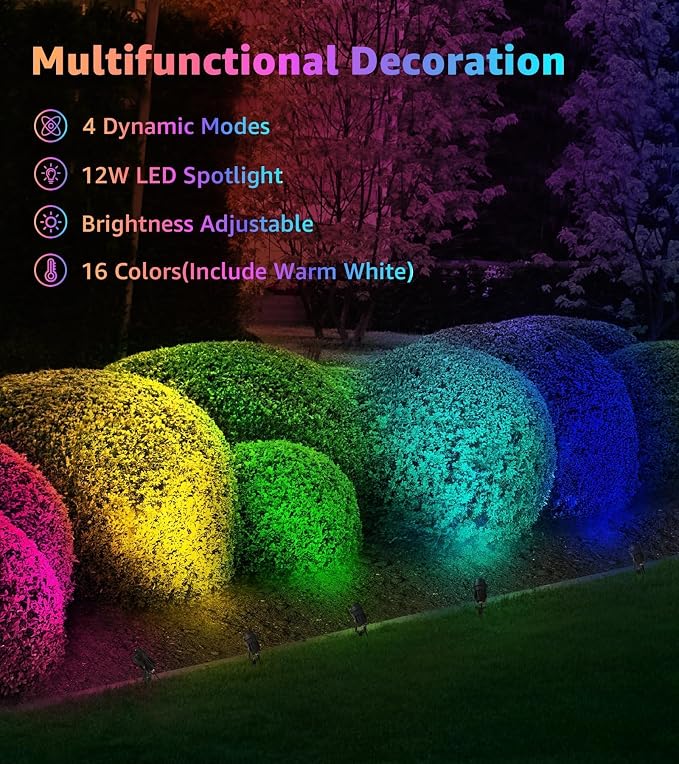 SUNVIE 2-Pack RGBW Spotlight Outdoor 12W LED Color Changing Landscape Lights with Remote Control 120V RGB Landscape Lighting Waterproof Spot Lights Outdoor for Yard Garden Patio Lawn Decorative