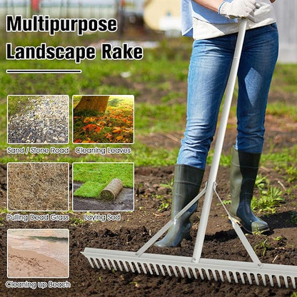 36” Landscape rake, Aluminum Garden with 36 Tines Head & 68” Non-Slip Long Handle, Double-Sided Metal Rake for Loosening Soil & Cleaning Weed, Leaf Rake for Garden Pond Beach Care