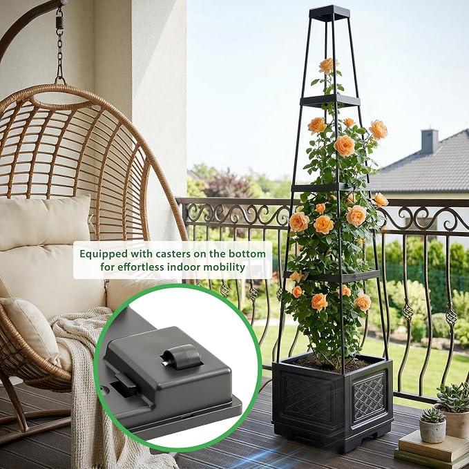 Tomato Planter with Wheels, 57" Self Watering Raised Garden Bed with Tomato Cage & Trellis for Light Climbing Plants, Cherry Tomatoes, Clematis, Herbs, Indoor & Outdoor Gardening for Patios, 1 Pack