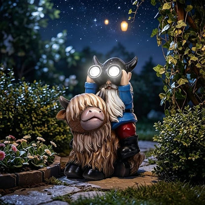 Joint Honglin Solar Garden Statues Resin Gnome Sitting on Highland Cow Outdoor Telescope Gnome Decorations Yard Ornament for Patio Lawn Balcony, Unique Housewarming Birthday Gifts for Mom Dad