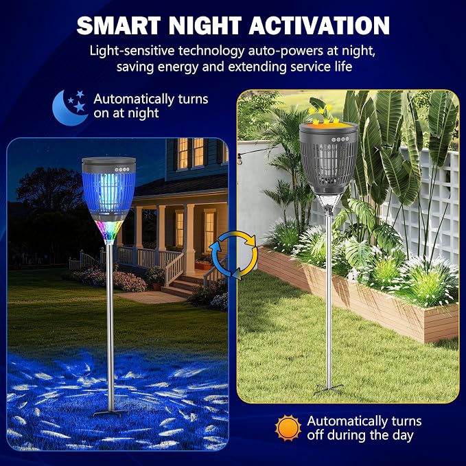 All in 1 Solar Bug Zapper Outdoor, Flame & Projection Mode, Auto/Manual Modes, 4200V Electric Mosquito Killer with High Powered, IPX5 Waterproof Rechargeable Fly Insect Trap for Patio Garden Yard RV