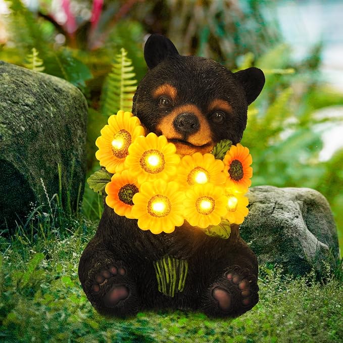 Solar Garden Lights Outdoor Statues Black Bear with Sunflowers, Sculpture Decor Mother Gifts for Women, Men or Daughter, Unique Garden Statues for Housewarming Gifts
