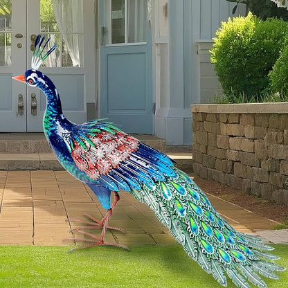 Kircust Outdoor Metal Peacock Statue, 24" L | Decor Art, Garden Sculpture, Weatherproof, Handcrafted For Patio, Yard, Home